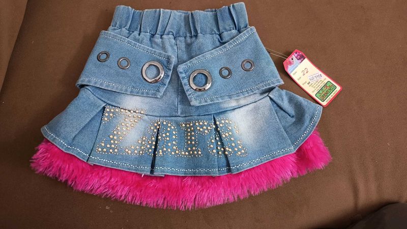 Denim Skirt with Pink Fur Trim