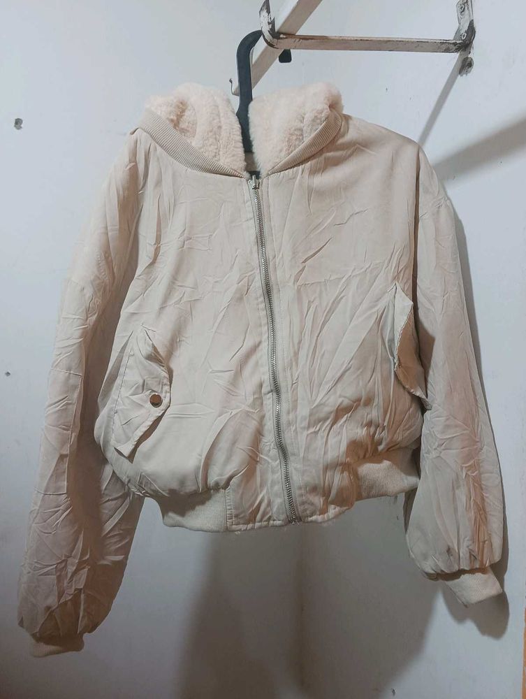 Beige Hooded Bomber Jacket