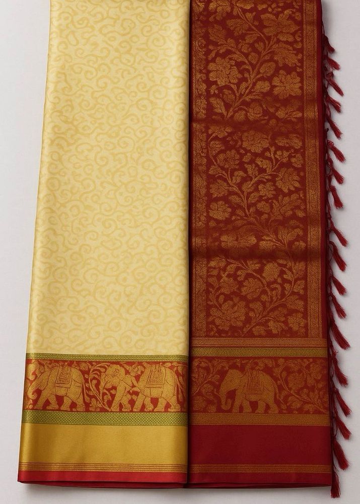 Cream Soft Silk Saree | Maroon Rich Pallu | Elepha