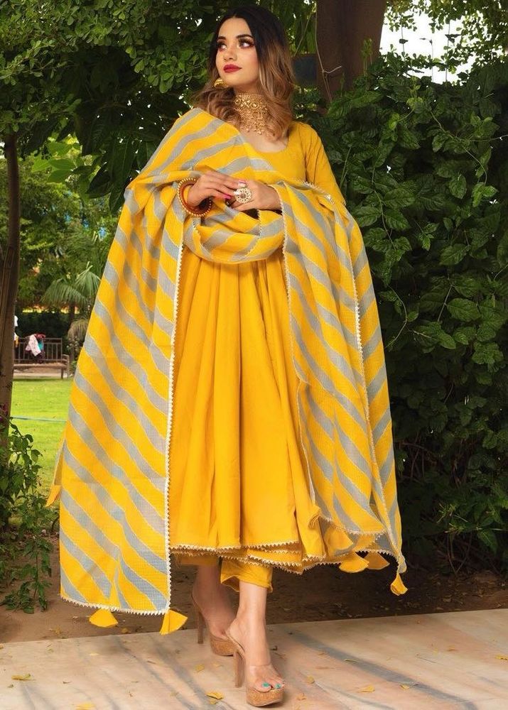 Yellow Anarkali Suit with Striped Dupatta