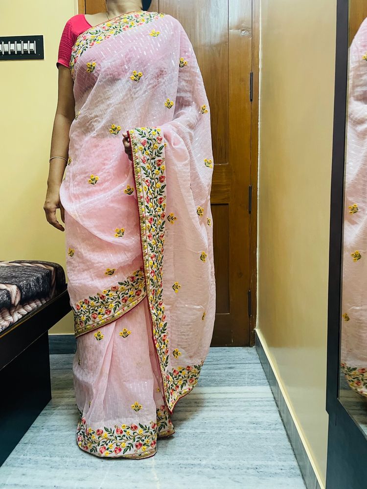 ELASBaby Pink Colour Beautiful Sequence Saree