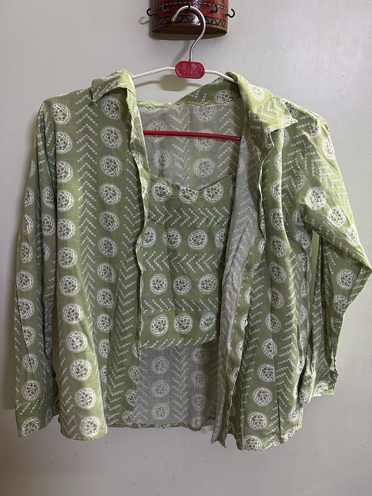 Green Printed Tank Top And Shirt Set