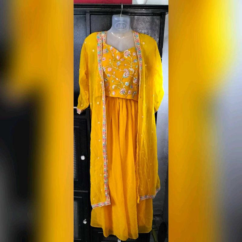 Women Yellow Ethnic Gown With Shrug ( 3 Piece Set)