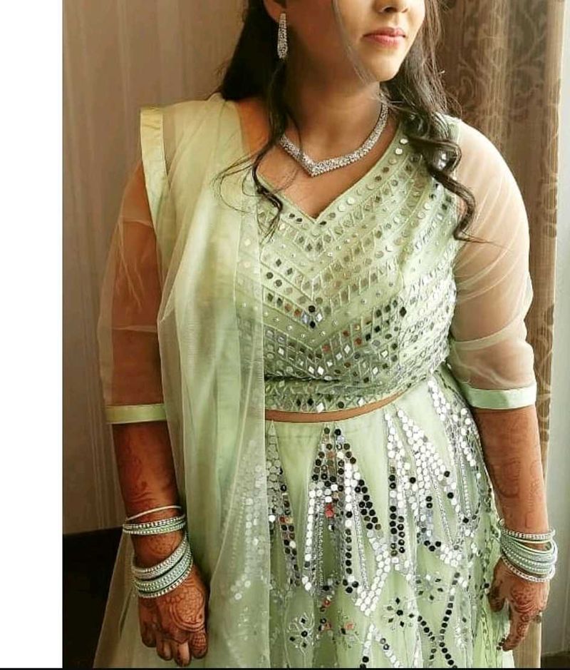 Heavy Mirror Work Light Green Lehenga