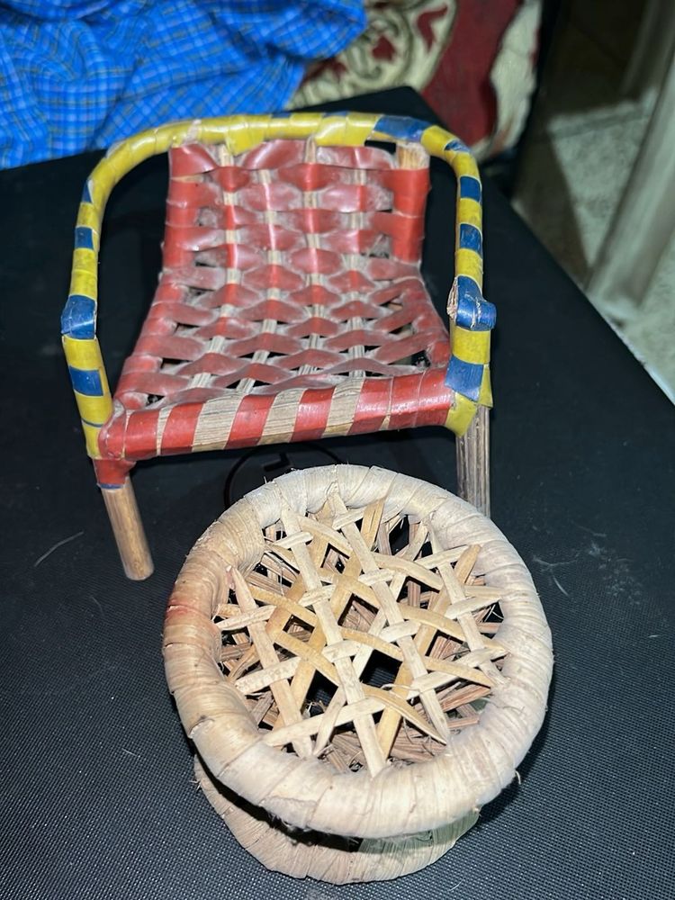 Miniature Woven Chair &amp; Stool Set