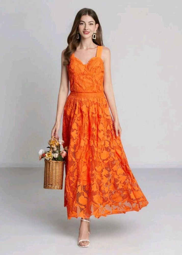 Bright Orange Crochet Lace Dress From Europe