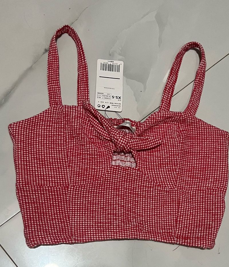 Red Gingham Knot-Front Crop Top