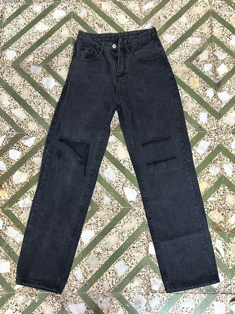 Ripped Black Wash Wide Leg Jeans And White Top