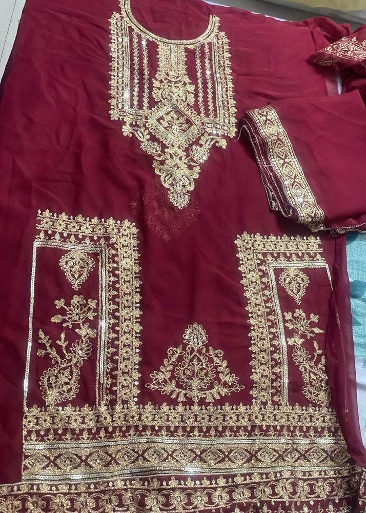 Maroon &amp; Gold Embroidered Salwar Kameez