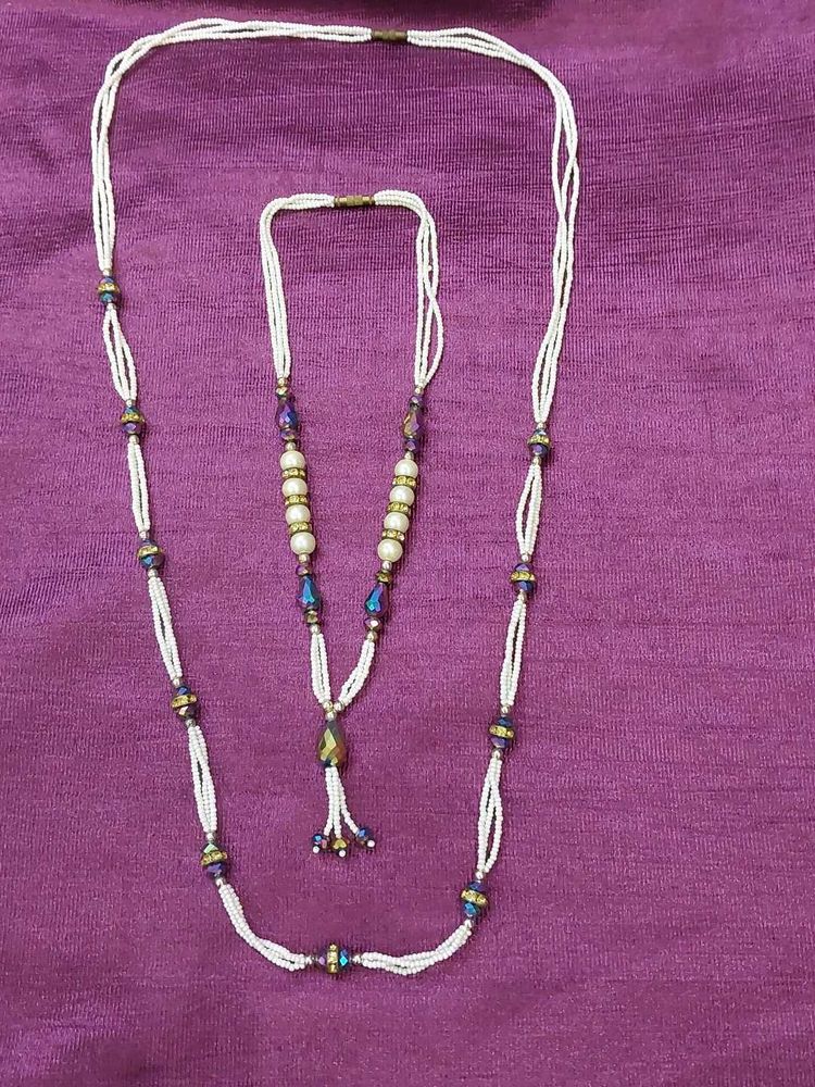 White Seed Bead &amp; Crystal 2-Piece Necklace