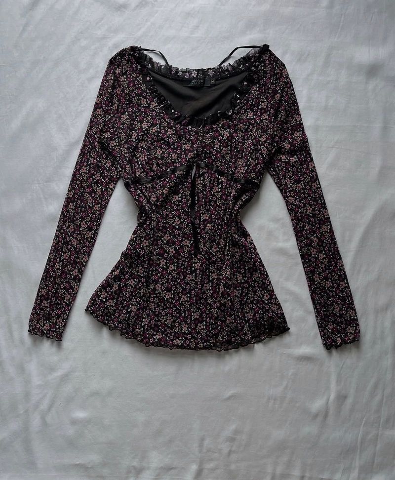 Y2k Vintage Mesh Floral Long Sleeve Top