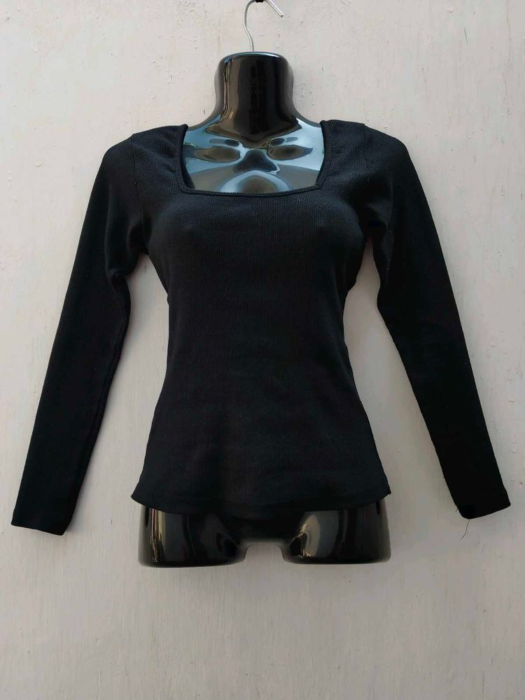 Black Ribbed Square Neck Top