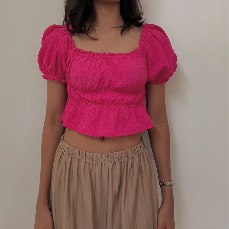 Pink Puff Sleeve Crop Top