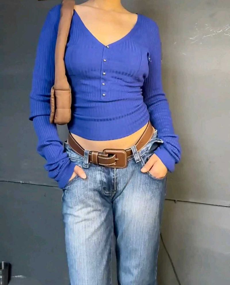 Blue Long Sleeve V-Neck Top