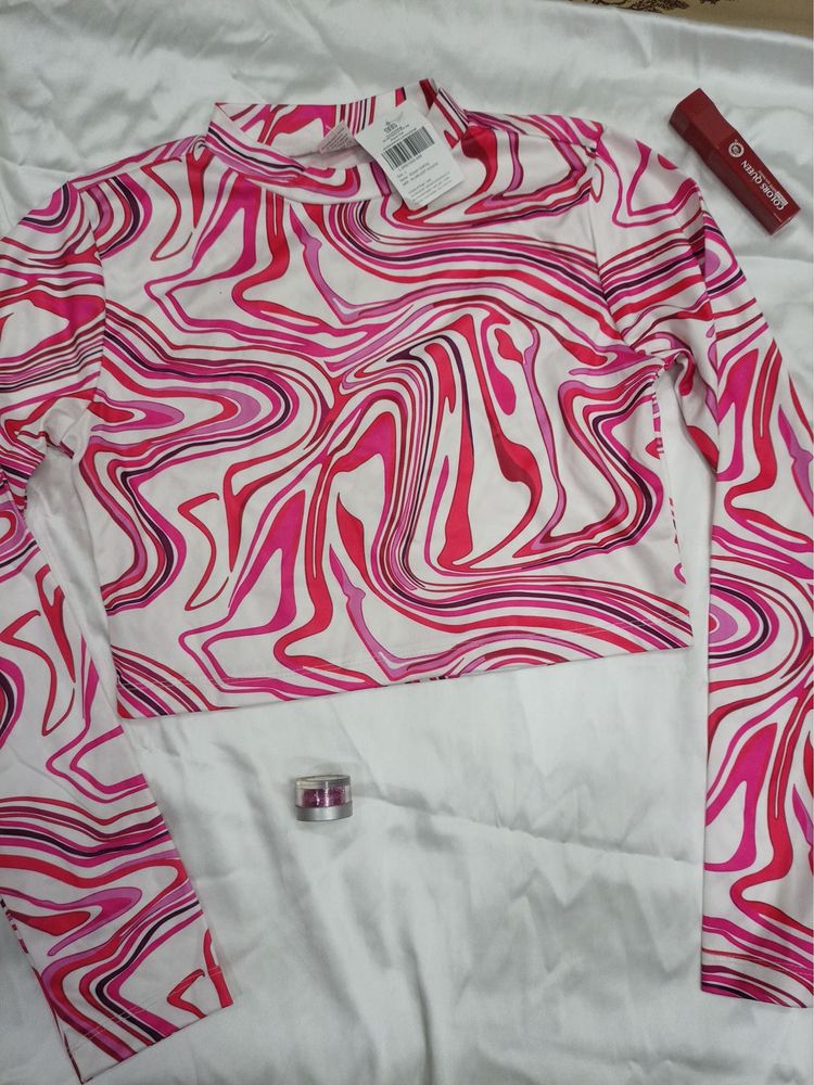 Pink Swirl Mock Neck Crop Top