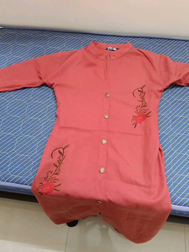 Elegant Coral Floral Embroidered Kurti