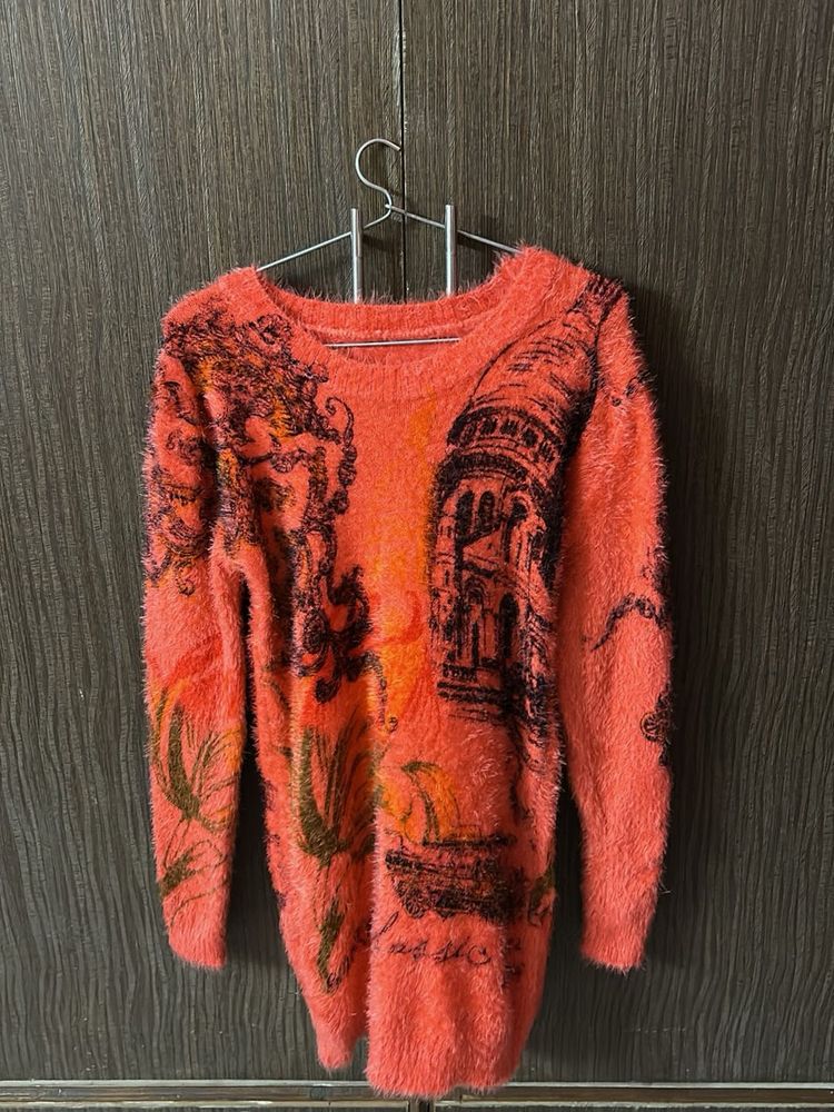 Fuzzy Orange Graphic Sweater