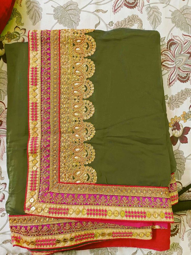 Elegant Olive Green Saree With Blouse