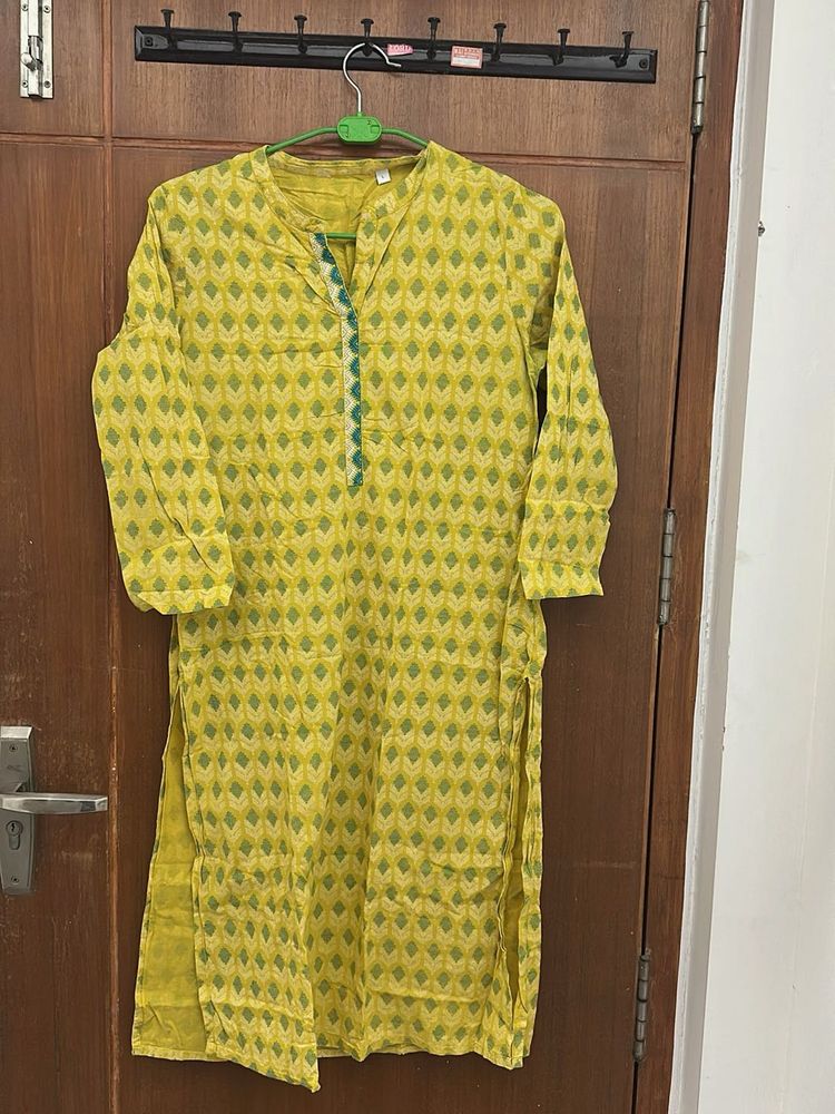 Embroidery Straight Kurti Yellow - L SIZE