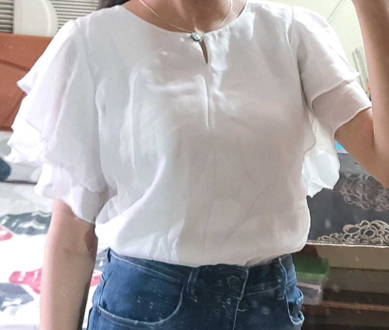 White Ruffle Sleeve Top
