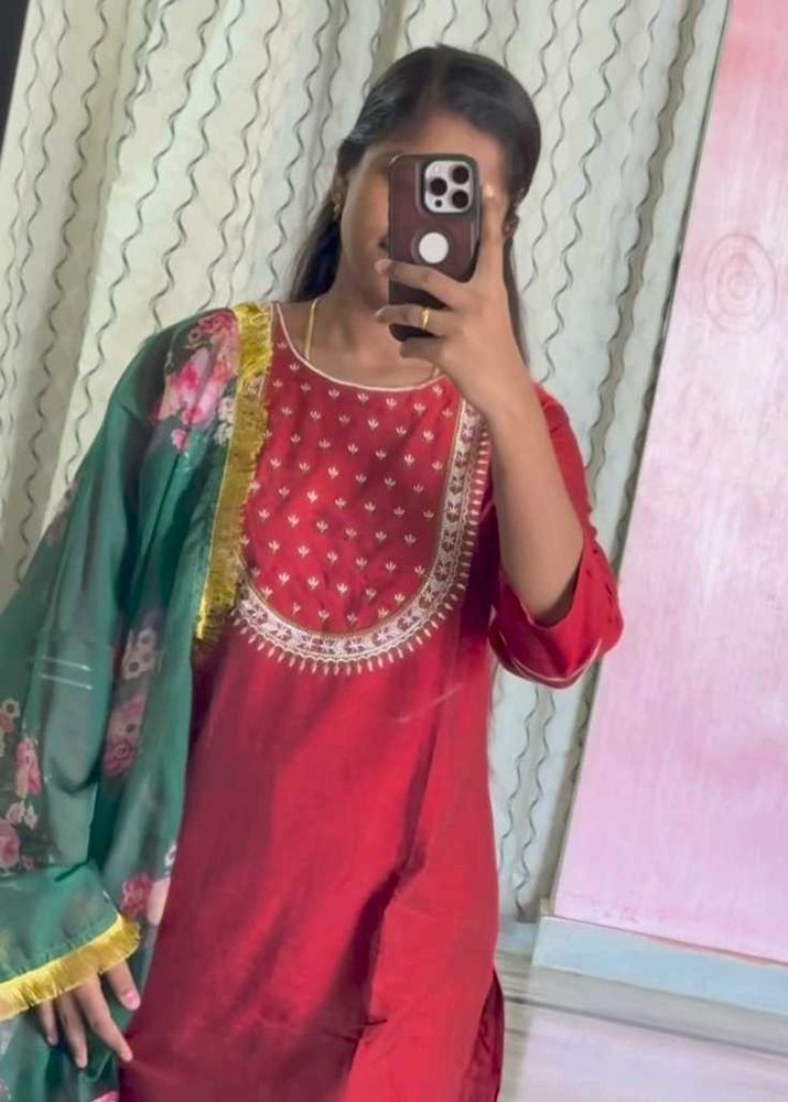 Red Embroidered Kurti with Floral Dupatta