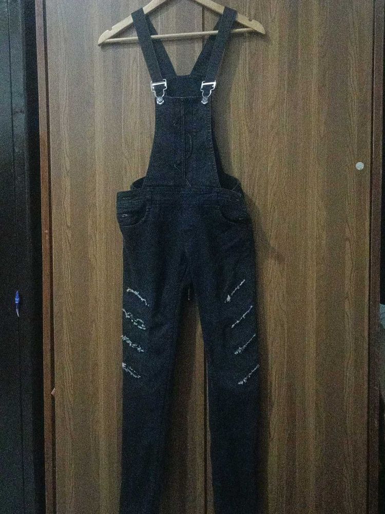 Denim Overalls with Distressed Details