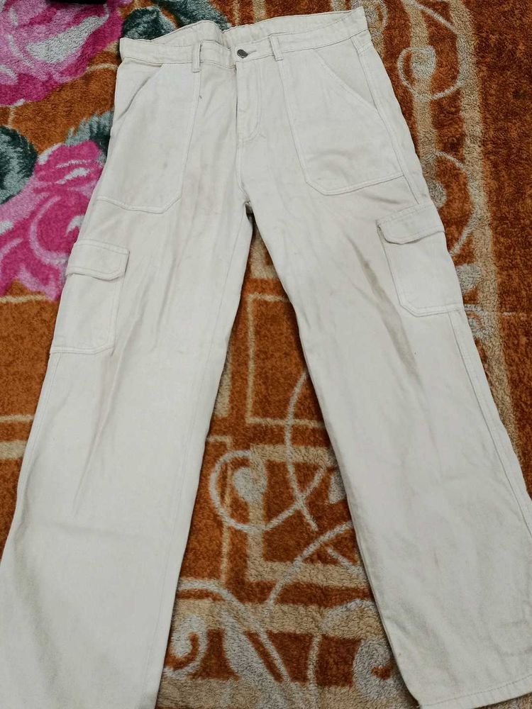 Unisex Beige 6-Pockets denim baggy cargos