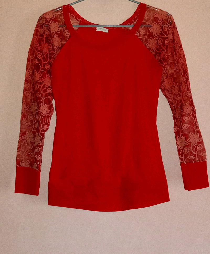 Red Top with Lace Sleeves