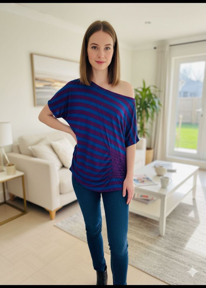 Stylish Off-Shoulder Striped Dolman Ruched Top