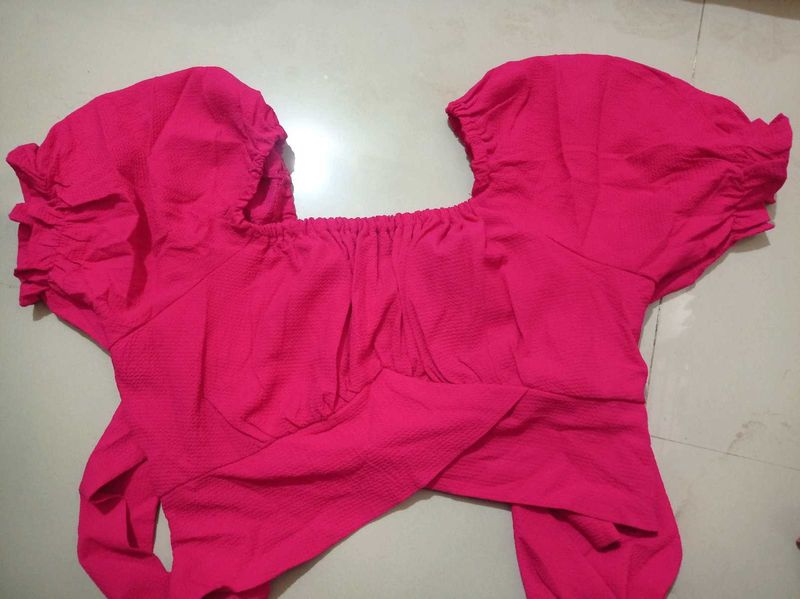 Hot Pink Puff Sleeve lace square neck Crop Top