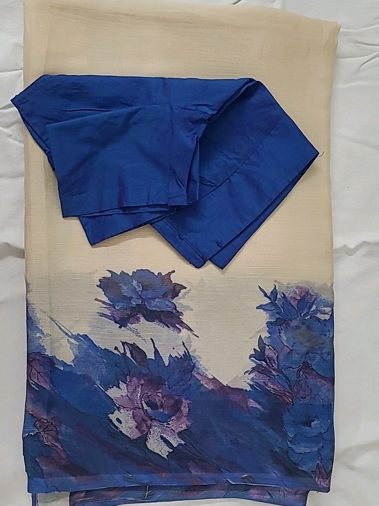 Chiffon Cream And Blue Combination Saree With Blouse