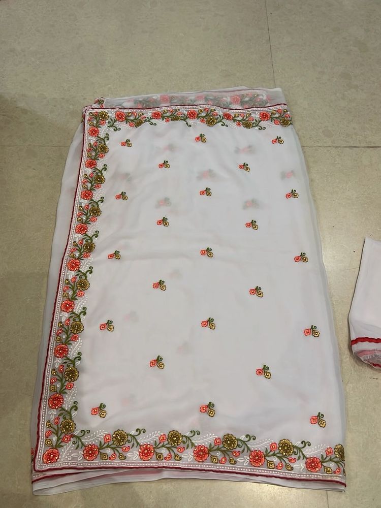 White Embroidered  Saree