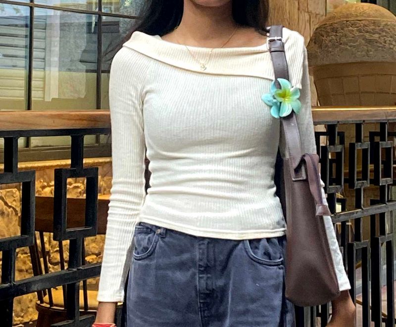 Cream Ribbed Off-Shoulder Top