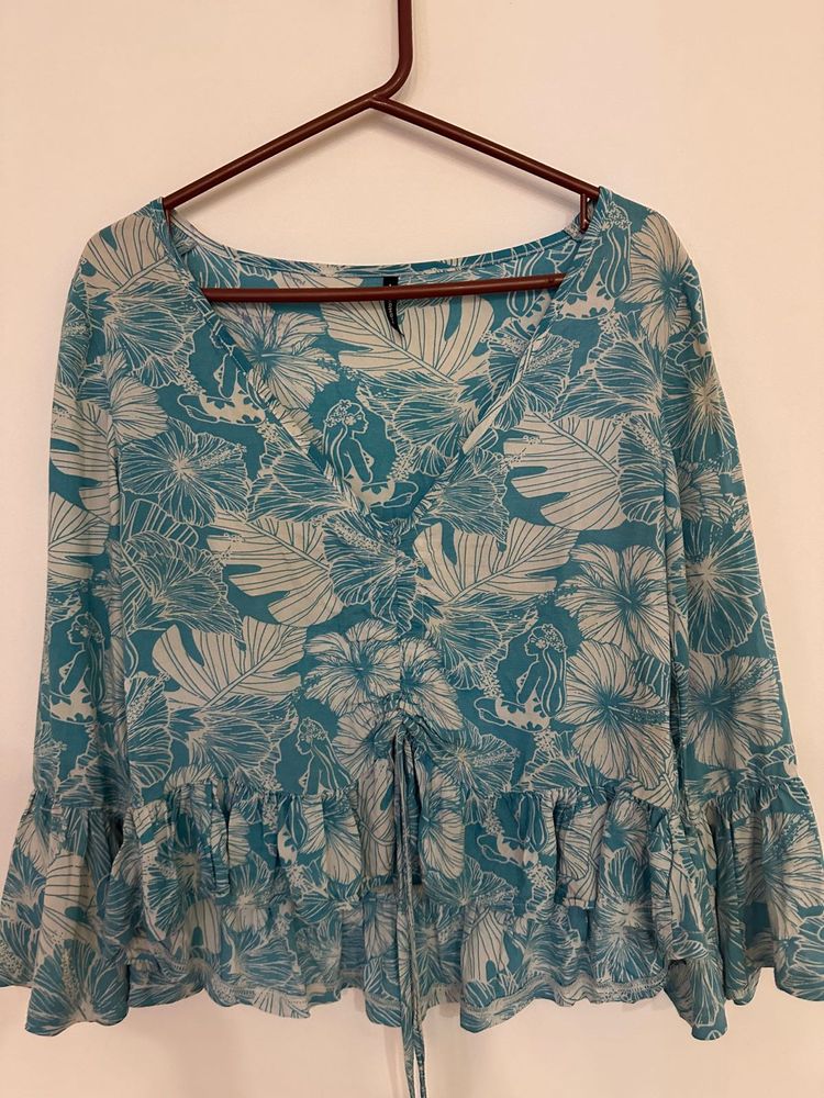Tropical Blue Floral Boho Top with Flared Sleeves