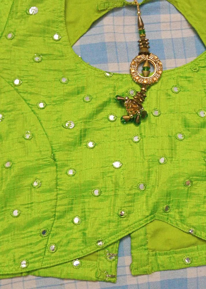 Green Embroidery Saree with Mirror Work Blouse