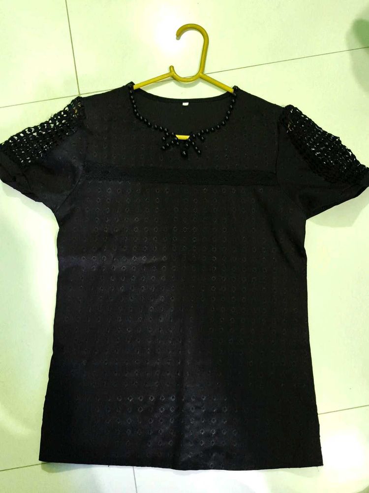 Black Crochet Sleeve Top