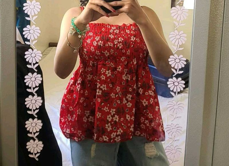 Red Floral Smocked Top