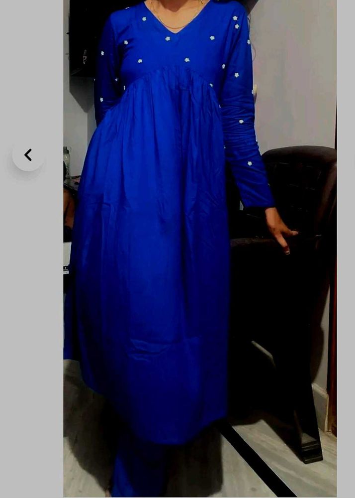 Blue Embroidered Babydoll Dress