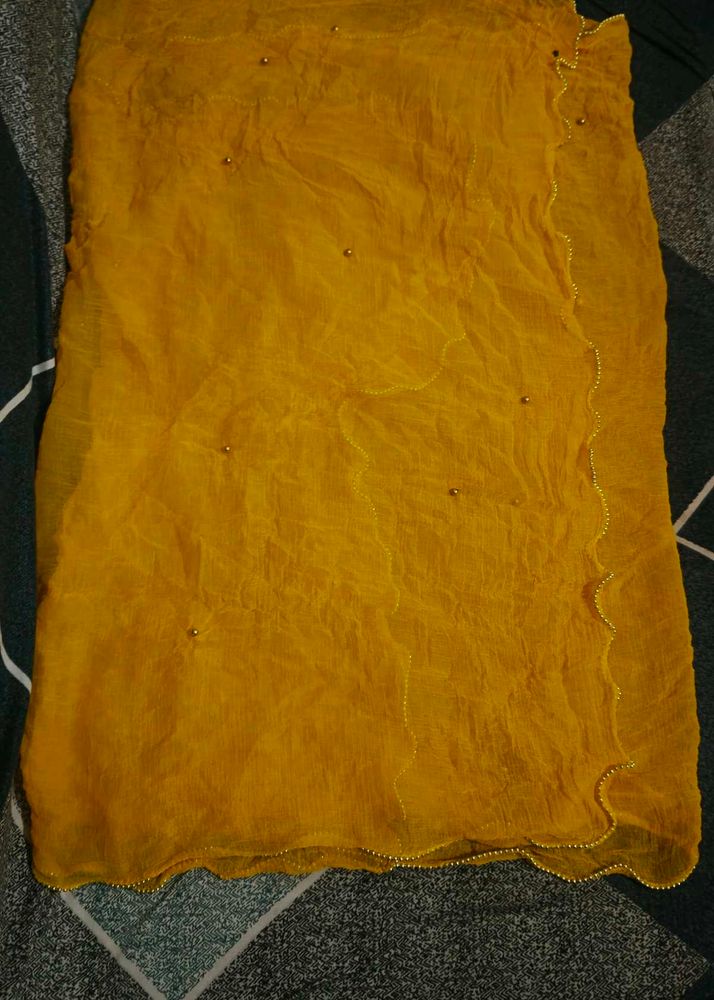Mustard Beaded Chiffon Dupatta