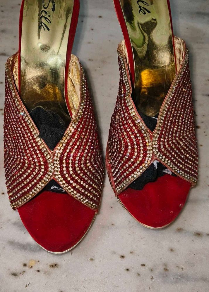 Red &amp; Gold Bejeweled Mules