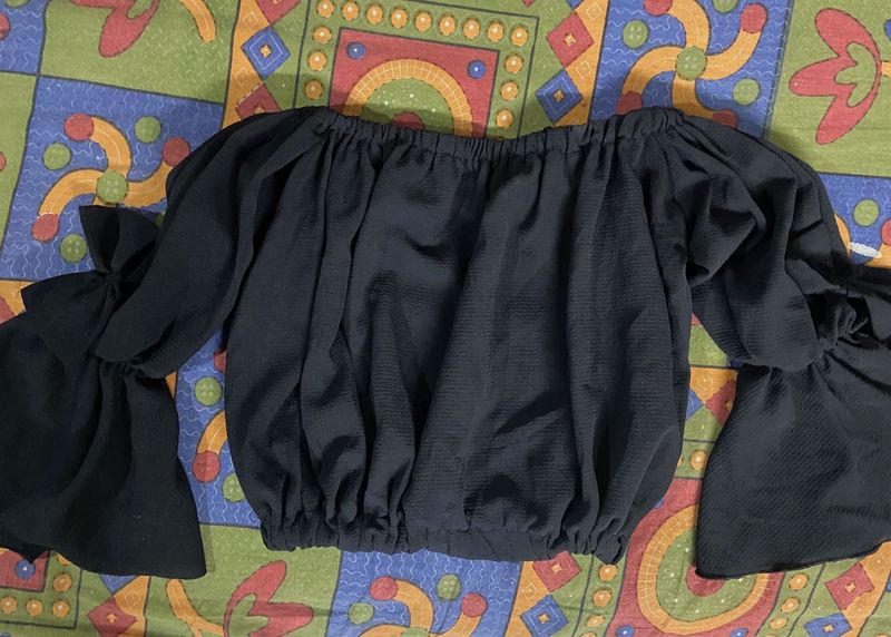 Black Off-Shoulder Ruched Crop Top with Bow Detail