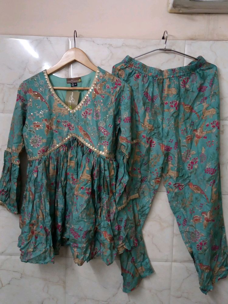 Teal Floral Print Top &amp; Pant Set