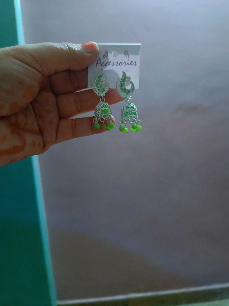 Peacock Jhumka Earrings - Silver &amp; Green