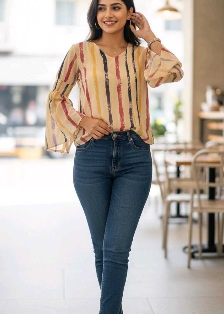 Multicolour Striped Bell Sleeve Top | Size M
