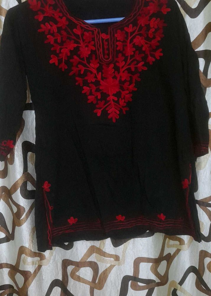 Embroidered Black Short Kurti For Women