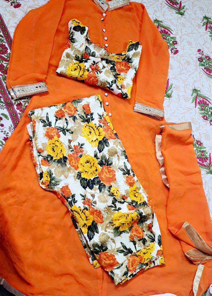 Orange Floral Palazzo Co-Ord Set For Women