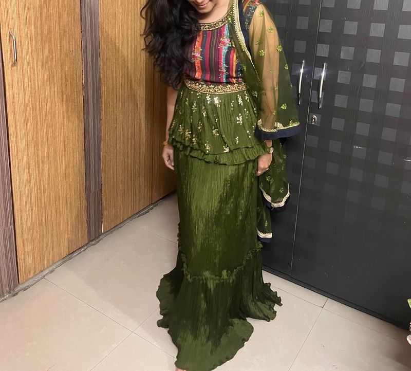 Ethnic Skirt With Peplum Top And Net Duppata