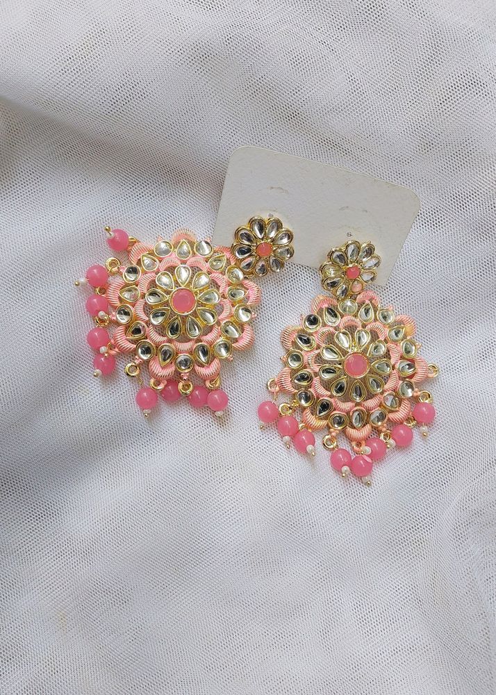 PASTEL PINK KUNDAN &amp; PEARLS DANGLERS 🎀