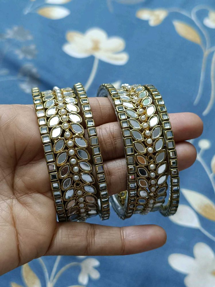 6 Metallic Mirror &amp; Pearl Bangle Set 2 Pair