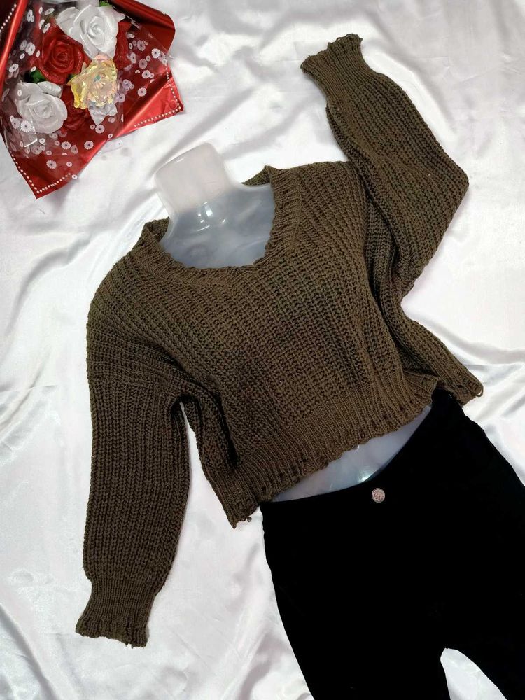 Cropped Olive Green Knit Sweater💚
